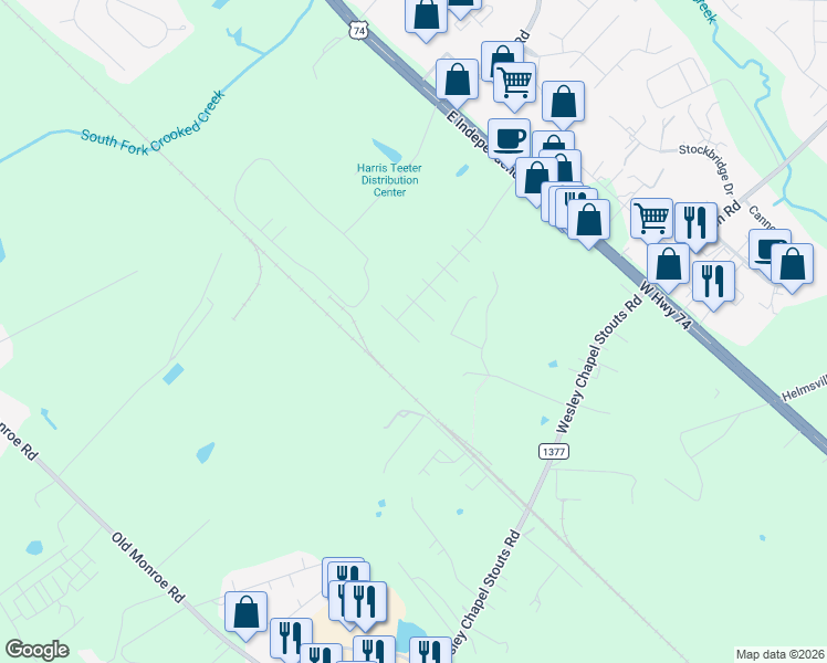 map of restaurants, bars, coffee shops, grocery stores, and more near 5812 Bridgeway Drive in Indian Trail