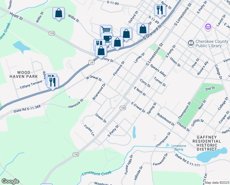 map of restaurants, bars, coffee shops, grocery stores, and more near 109 West Oneal Street in Gaffney