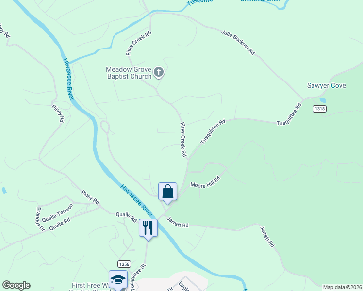 map of restaurants, bars, coffee shops, grocery stores, and more near 1 Cloer Drive in Hayesville