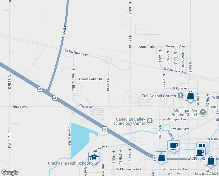 map of restaurants, bars, coffee shops, grocery stores, and more near N 18th St in Chickasha