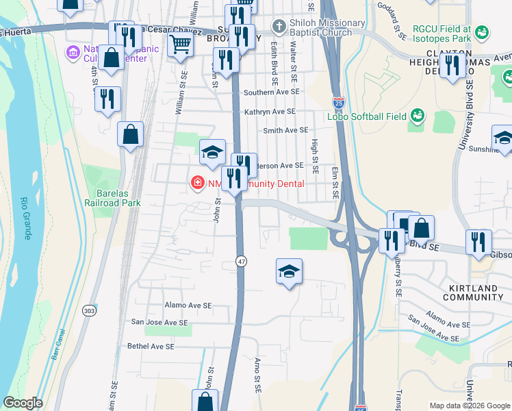 map of restaurants, bars, coffee shops, grocery stores, and more near 414 Gibson Boulevard Southeast in Albuquerque