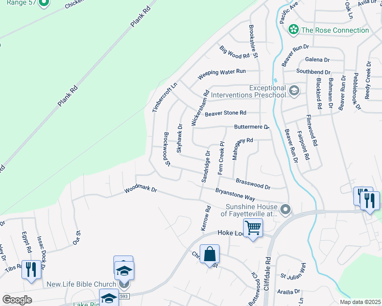 map of restaurants, bars, coffee shops, grocery stores, and more near 6912 Skyhawk Drive in Fayetteville