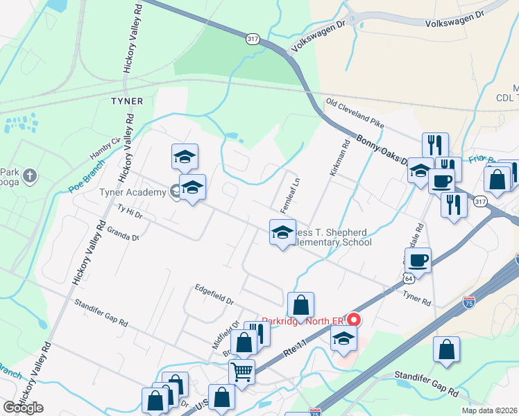 map of restaurants, bars, coffee shops, grocery stores, and more near 7030 Arbor Leaf Lane in Chattanooga