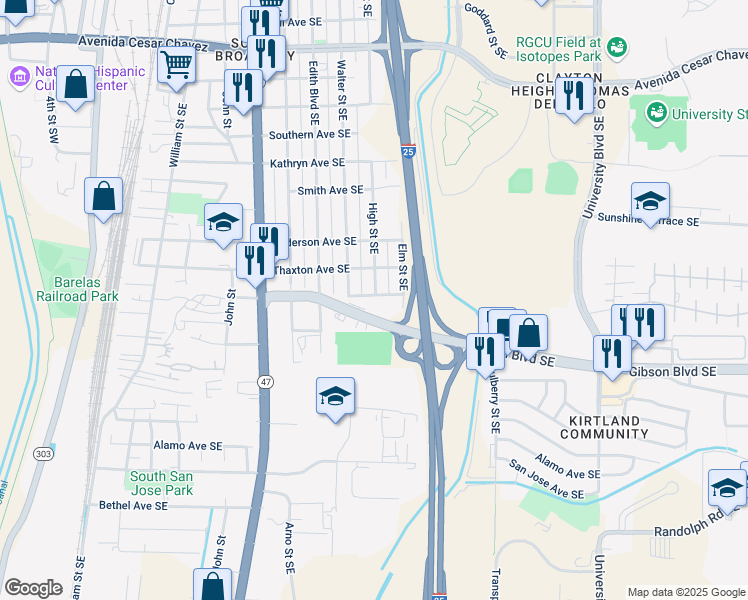 map of restaurants, bars, coffee shops, grocery stores, and more near 815 Ross Avenue Southeast in Albuquerque