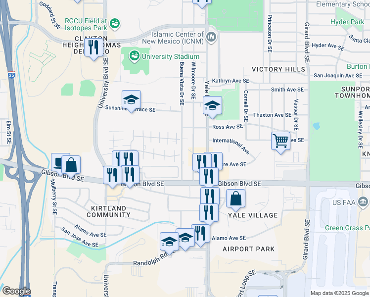 map of restaurants, bars, coffee shops, grocery stores, and more near 1900 Buena Vista Drive Southeast in Albuquerque