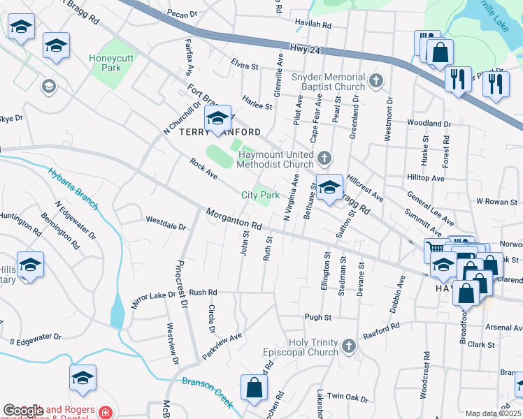 map of restaurants, bars, coffee shops, grocery stores, and more near 114 Woodrow Street in Fayetteville