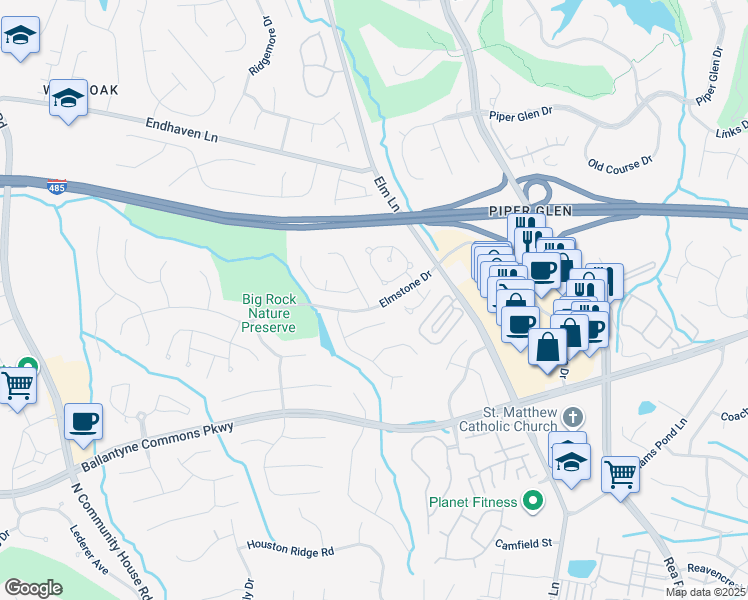 map of restaurants, bars, coffee shops, grocery stores, and more near 10819 Summitt Tree Court in Charlotte