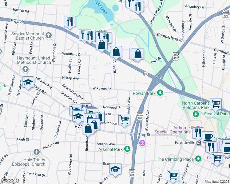 map of restaurants, bars, coffee shops, grocery stores, and more near 1003 West Rowan Street in Fayetteville