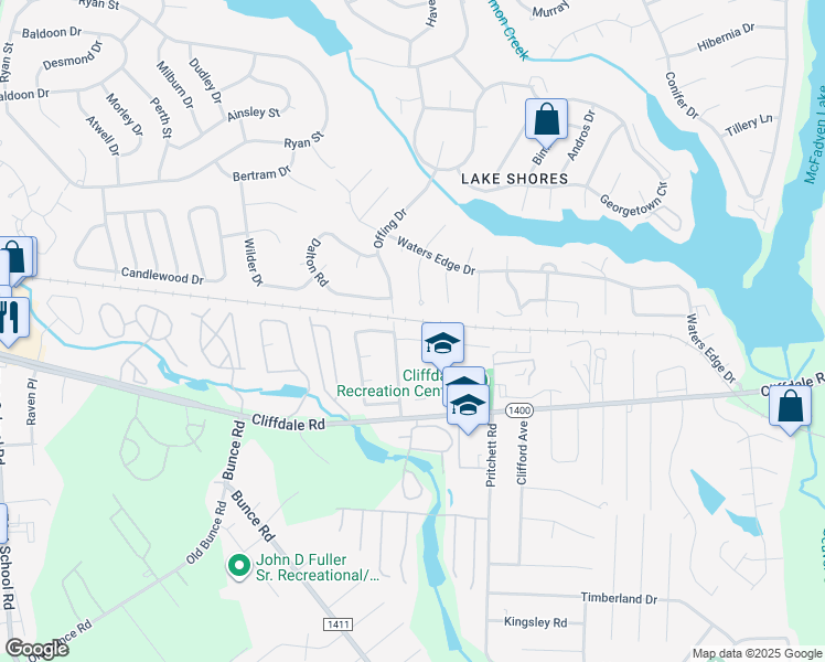 map of restaurants, bars, coffee shops, grocery stores, and more near 5994 Chambrian Drive in Fayetteville