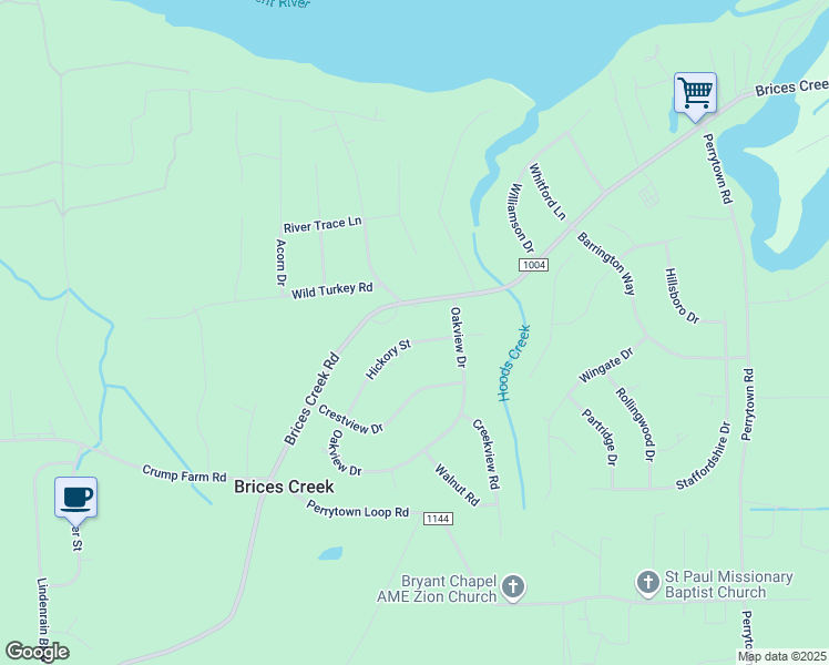 map of restaurants, bars, coffee shops, grocery stores, and more near 2523 Hickory Street in New Bern