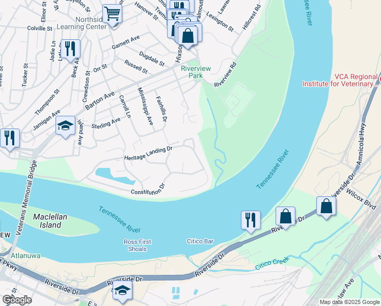 map of restaurants, bars, coffee shops, grocery stores, and more near 1410 Heritage Landing Drive in Chattanooga