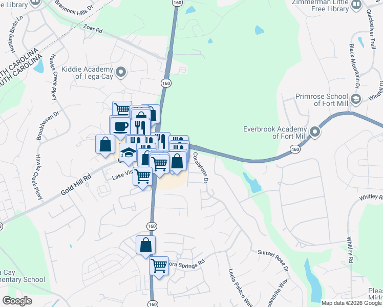 map of restaurants, bars, coffee shops, grocery stores, and more near 2775 Farmlake Lane in Fort Mill