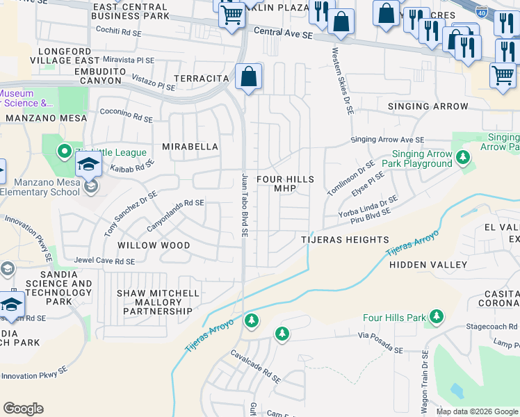 map of restaurants, bars, coffee shops, grocery stores, and more near 827 Trading Post Trail Southeast in Albuquerque