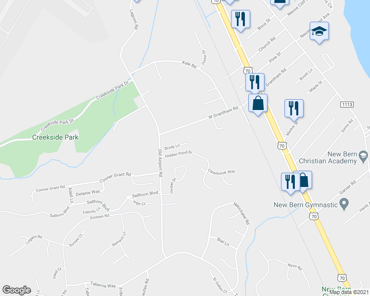 map of restaurants, bars, coffee shops, grocery stores, and more near 114 Brody Lane in New Bern