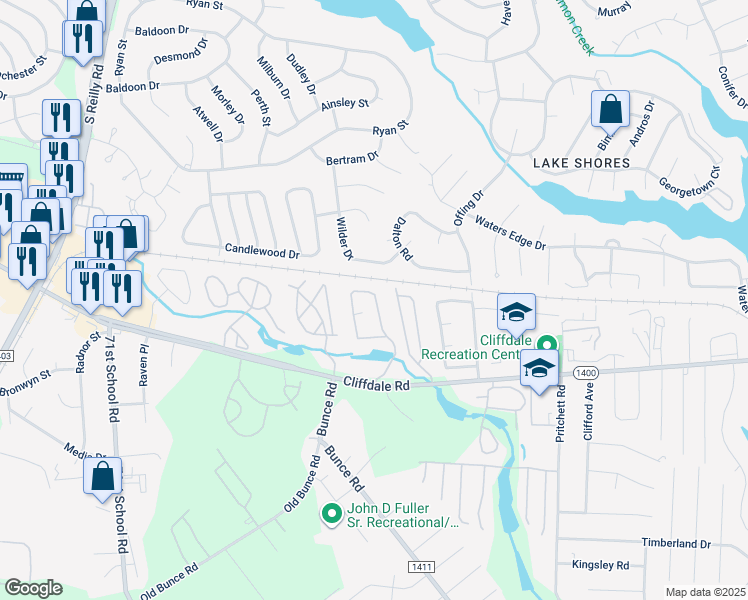 map of restaurants, bars, coffee shops, grocery stores, and more near 681 Bartons Landing Place in Fayetteville