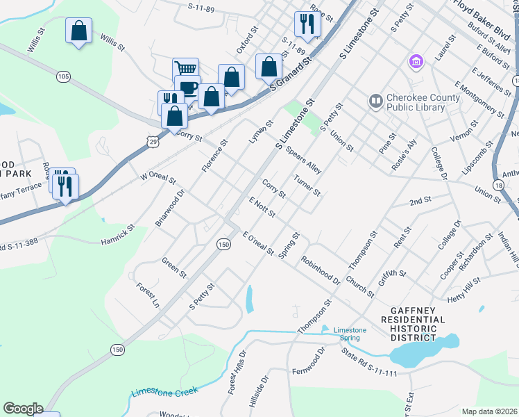 map of restaurants, bars, coffee shops, grocery stores, and more near 102 East Nott Street in Gaffney