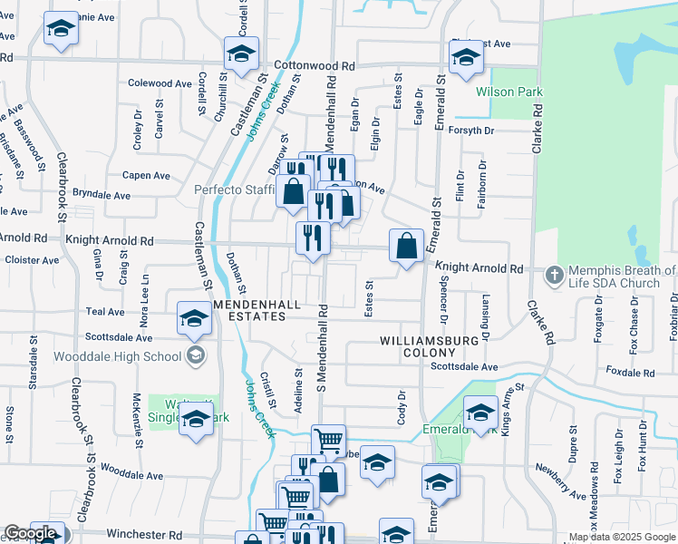 map of restaurants, bars, coffee shops, grocery stores, and more near 3218 13 Colony Mall in Memphis