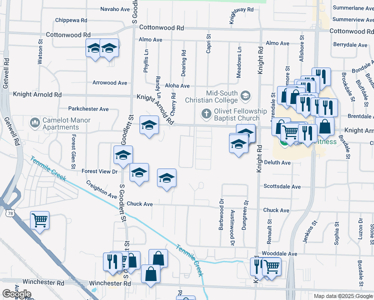 map of restaurants, bars, coffee shops, grocery stores, and more near 3235 East Danville Circle in Memphis