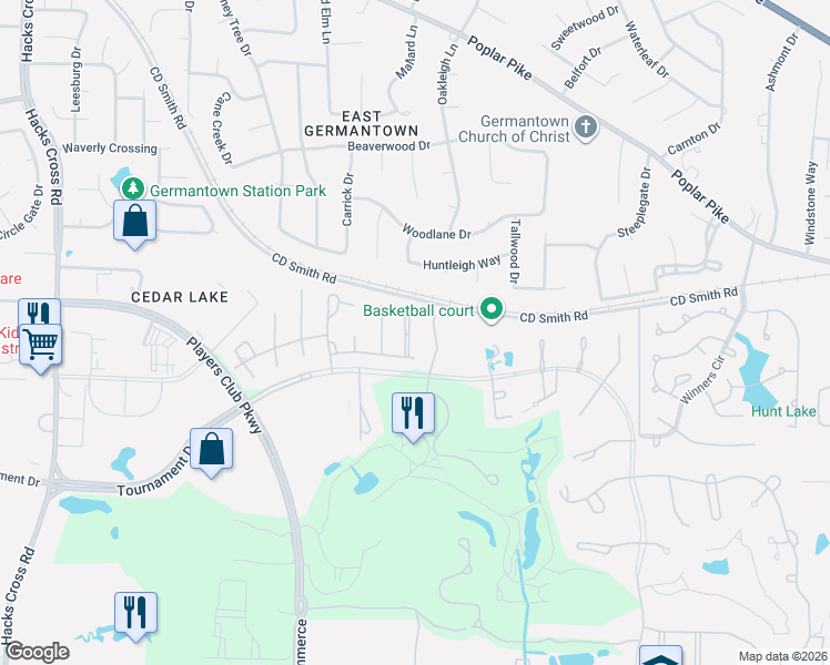 map of restaurants, bars, coffee shops, grocery stores, and more near 3228 South Silverwind Cove in Memphis