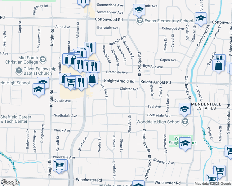 map of restaurants, bars, coffee shops, grocery stores, and more near 3207 Tena Ruth Cove in Memphis