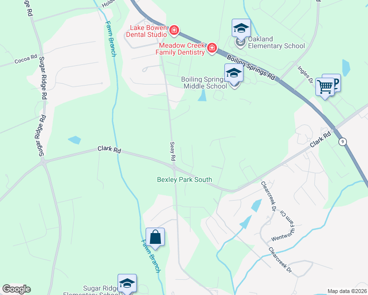 map of restaurants, bars, coffee shops, grocery stores, and more near 153 Broadleigh Court in Boiling Springs