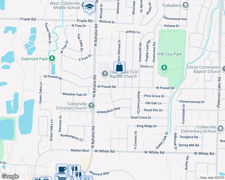 map of restaurants, bars, coffee shops, grocery stores, and more near 638 Port Natchez Cove East in Collierville