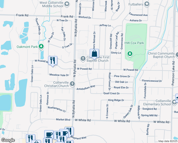 map of restaurants, bars, coffee shops, grocery stores, and more near 638 Port Natchez Cove East in Collierville