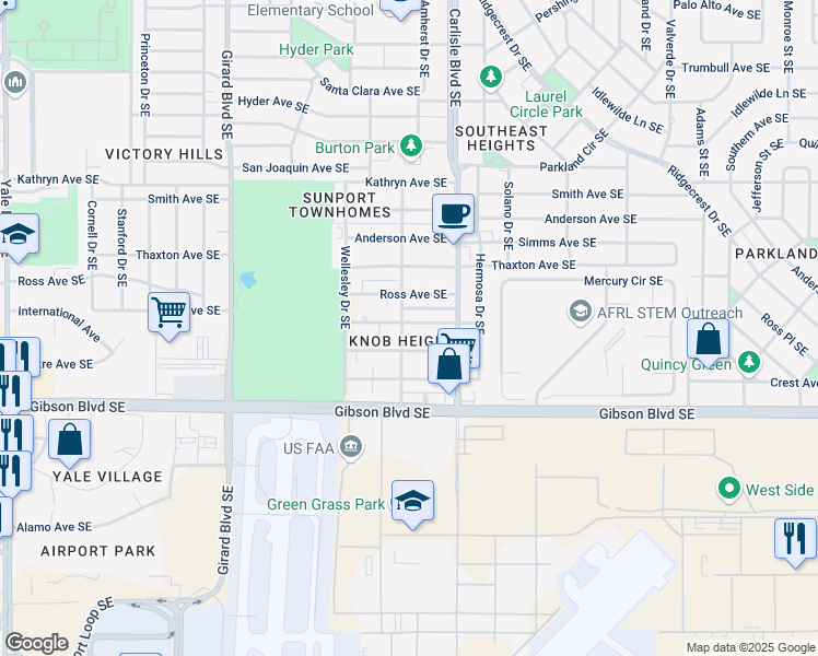 map of restaurants, bars, coffee shops, grocery stores, and more near 1400 Amherst Drive Southeast in Albuquerque