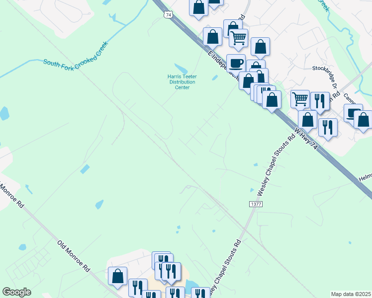 map of restaurants, bars, coffee shops, grocery stores, and more near 5815 Bridgeway Drive in Indian Trail