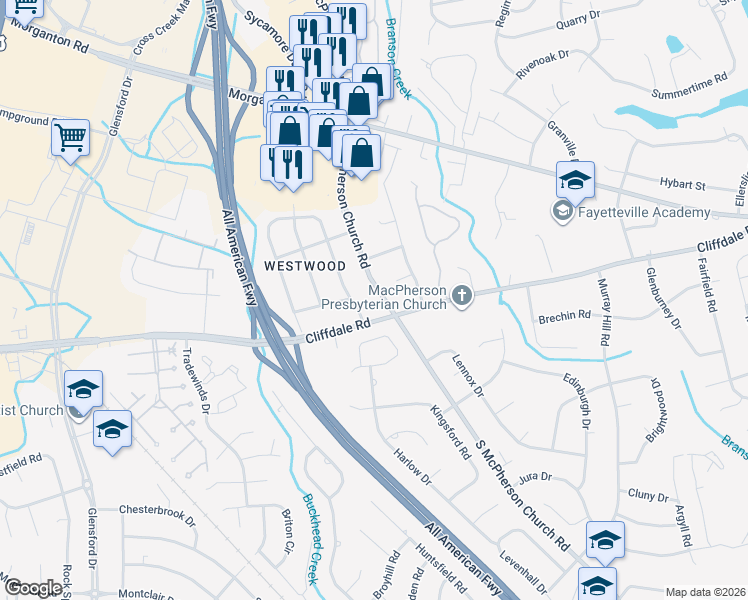 map of restaurants, bars, coffee shops, grocery stores, and more near 338 South McPherson Church Road in Fayetteville