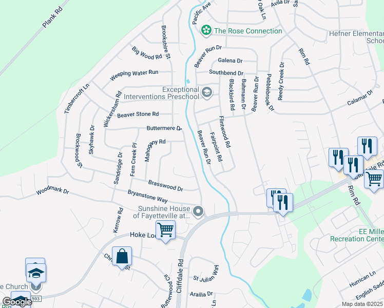 map of restaurants, bars, coffee shops, grocery stores, and more near 6794 Buttermere Drive in Fayetteville
