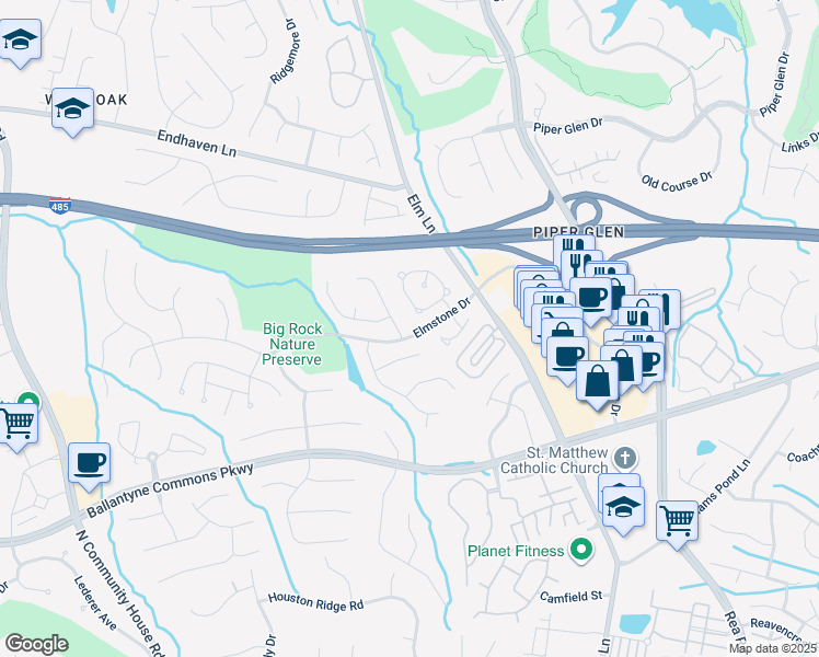 map of restaurants, bars, coffee shops, grocery stores, and more near 10819 Summitt Tree Court in Charlotte