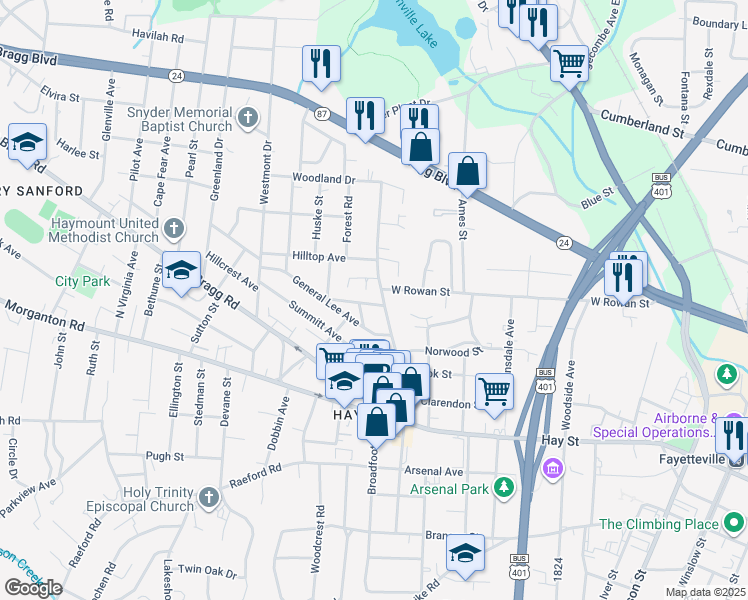 map of restaurants, bars, coffee shops, grocery stores, and more near 1200 Goodview Avenue in Fayetteville