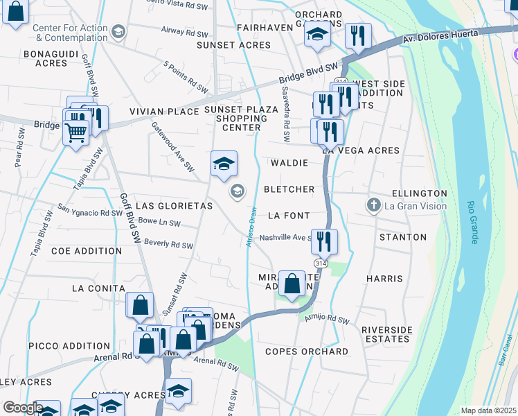 map of restaurants, bars, coffee shops, grocery stores, and more near 1117 La Font Road Southwest in Albuquerque