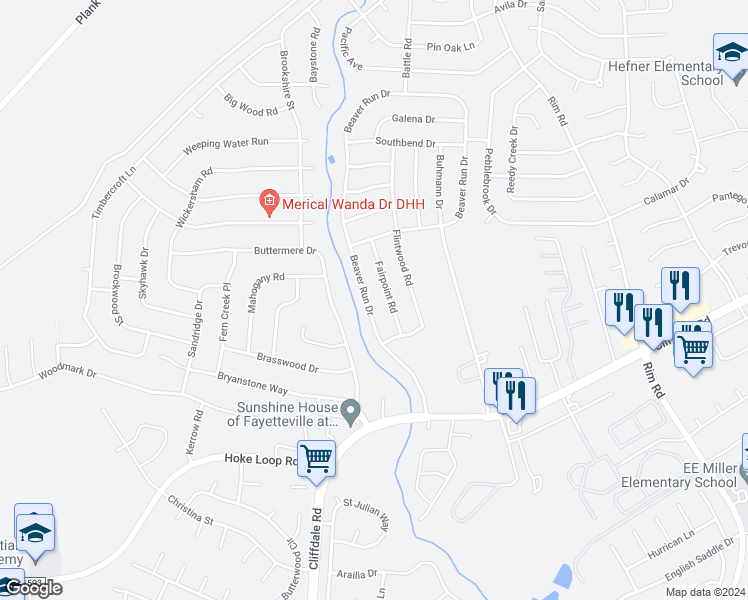 map of restaurants, bars, coffee shops, grocery stores, and more near 7417 Beaver Run Drive in Fayetteville