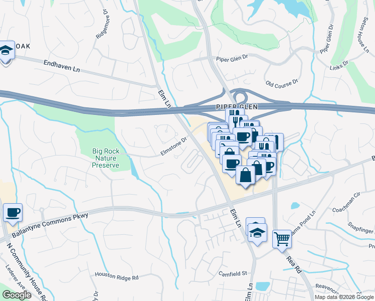 map of restaurants, bars, coffee shops, grocery stores, and more near 6111 Park Hill Road in Charlotte
