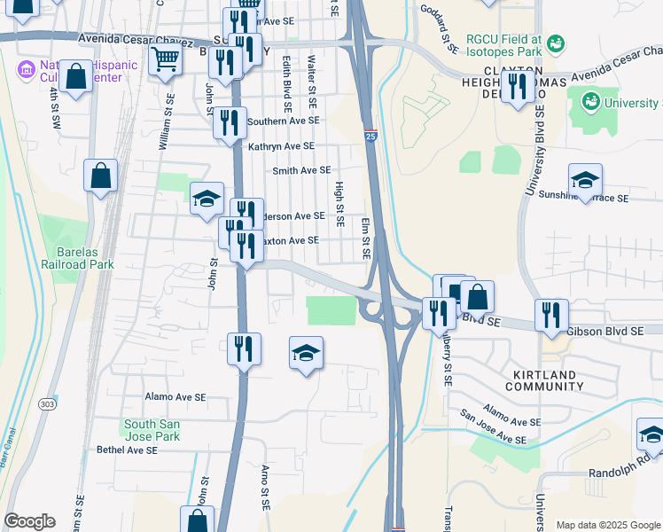 map of restaurants, bars, coffee shops, grocery stores, and more near 815 Ross Avenue Southeast in Albuquerque
