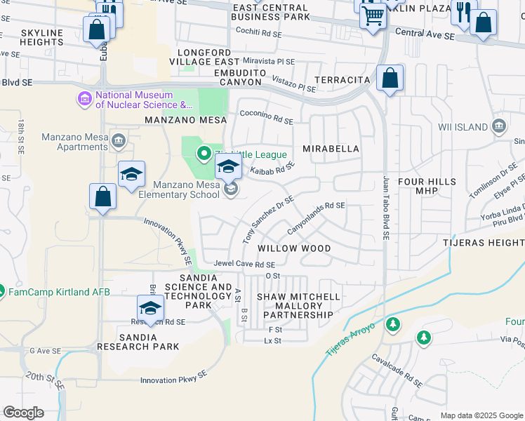 map of restaurants, bars, coffee shops, grocery stores, and more near 1009 Tony Sanchez Drive Southeast in Albuquerque