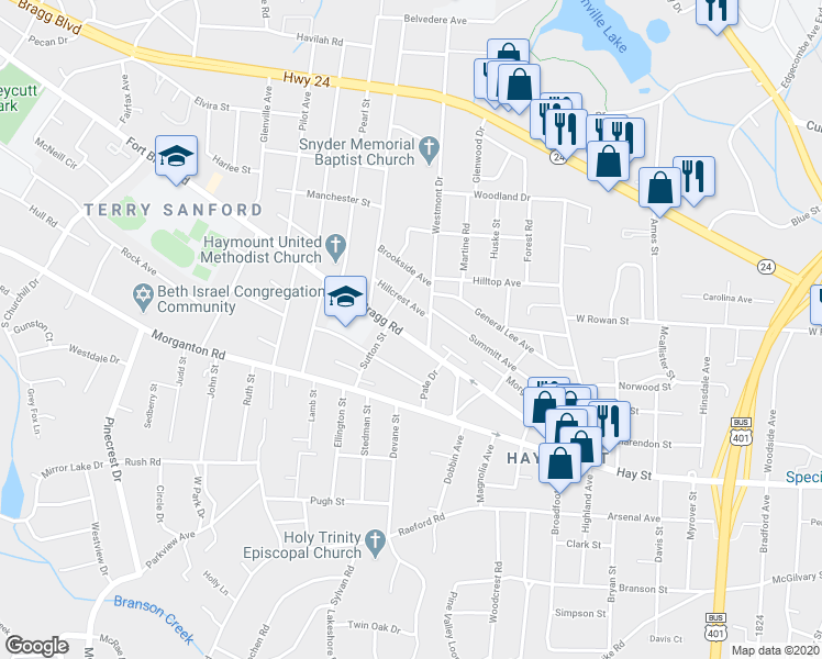 map of restaurants, bars, coffee shops, grocery stores, and more near 1518 Fort Bragg Road in Fayetteville