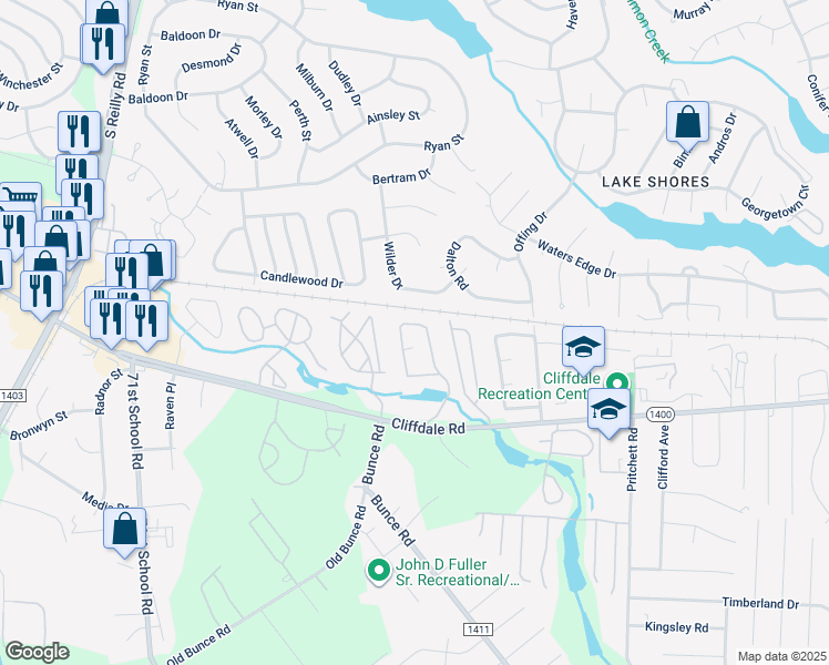 map of restaurants, bars, coffee shops, grocery stores, and more near 673 Bartons Landing Place in Fayetteville