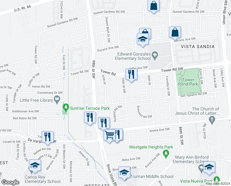 map of restaurants, bars, coffee shops, grocery stores, and more near 715 Vista Del Pueblo Street in Albuquerque
