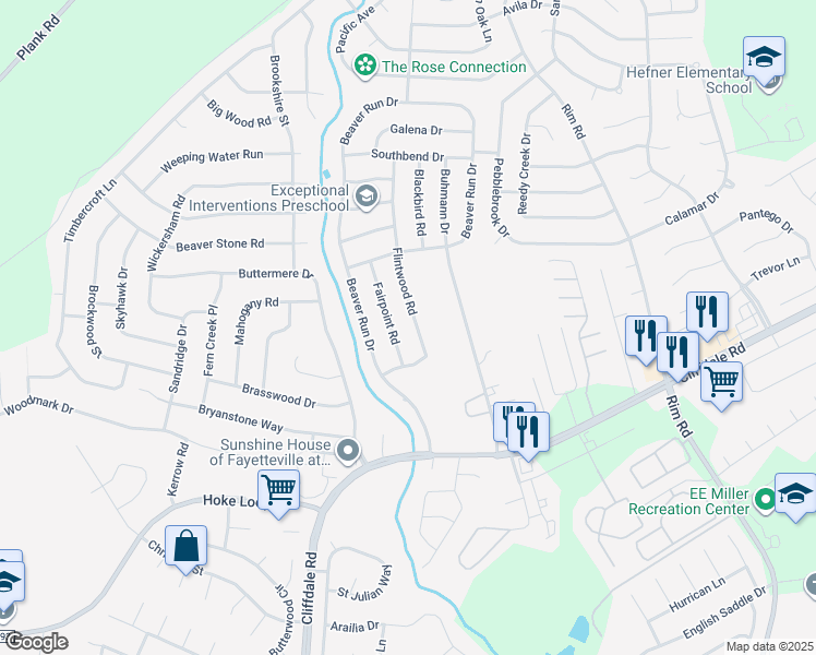 map of restaurants, bars, coffee shops, grocery stores, and more near 952 Flintwood Road in Fayetteville