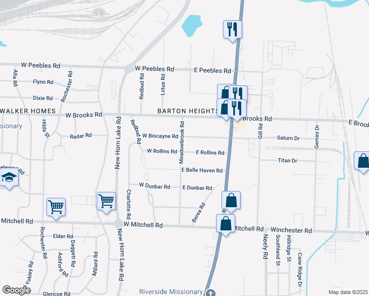 map of restaurants, bars, coffee shops, grocery stores, and more near 18 East Rollins Road in Memphis
