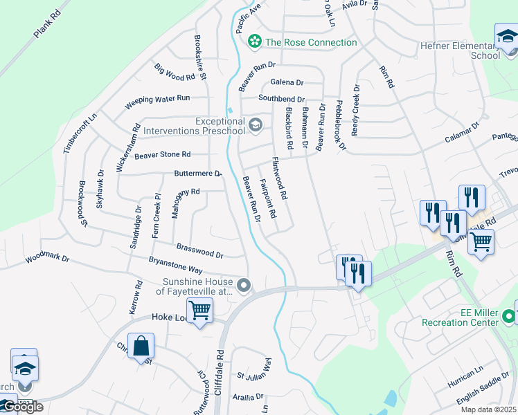 map of restaurants, bars, coffee shops, grocery stores, and more near 7417 Beaver Run Drive in Fayetteville