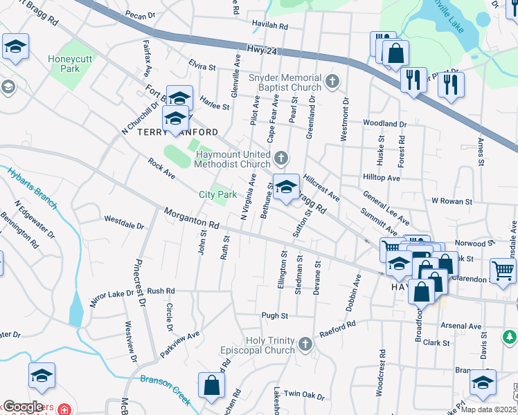 map of restaurants, bars, coffee shops, grocery stores, and more near 1840 Morganton Road in Fayetteville