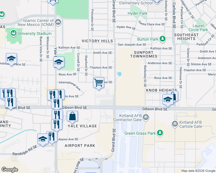 map of restaurants, bars, coffee shops, grocery stores, and more near 2800 Vail Avenue Southeast in Albuquerque