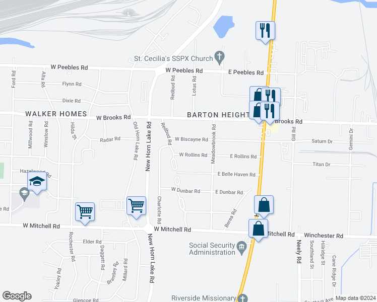 map of restaurants, bars, coffee shops, grocery stores, and more near 56 West Rollins Road in Memphis