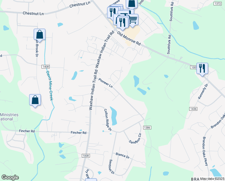 map of restaurants, bars, coffee shops, grocery stores, and more near 1008 Simmon Tree Court in Indian Trail