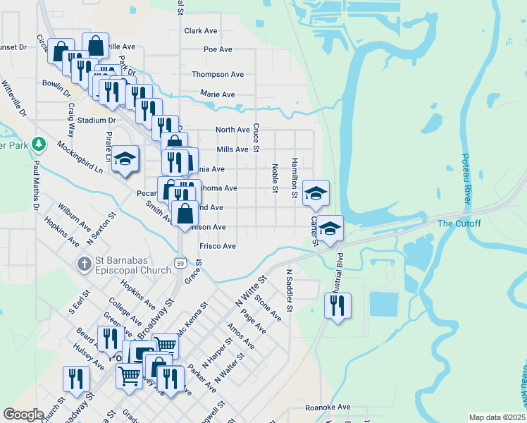 map of restaurants, bars, coffee shops, grocery stores, and more near 310 Cruce Street in Poteau