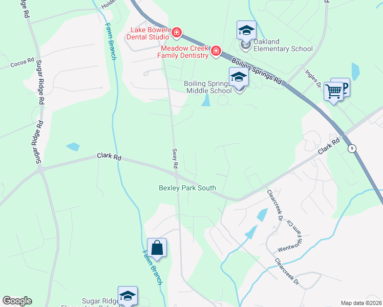 map of restaurants, bars, coffee shops, grocery stores, and more near 153 Broadleigh Court in Boiling Springs